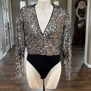 Sequin V-Neck Bodysuit - Black and Silver